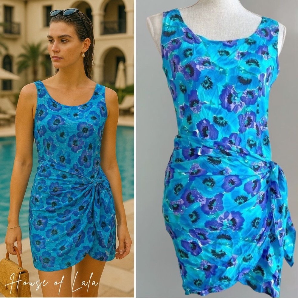 Vintage beach dress faux wrap skirt floral mini beach dress coverup